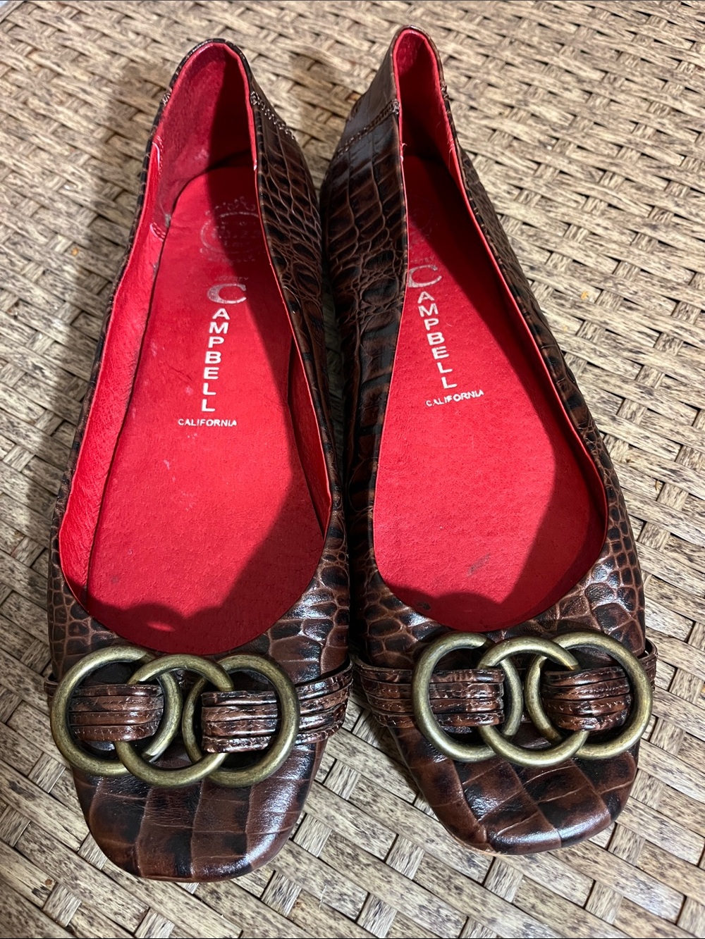 Jeffrey Campbell Brown Croc-Embossed Flats with Brass Double-Ring